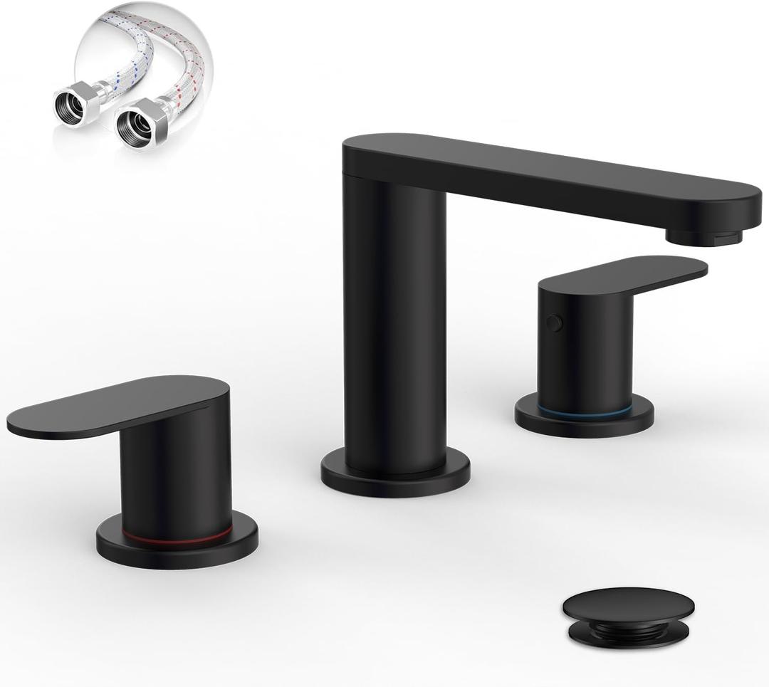 BWE Matte Black Bathroom Faucet 3 Hole - 8 Inch Widespread Bathroom Sink Faucet, Pop-up Drain and Supply Lines, 360 Swivel Spout 2-Handle Black Vanity Faucets for Bath