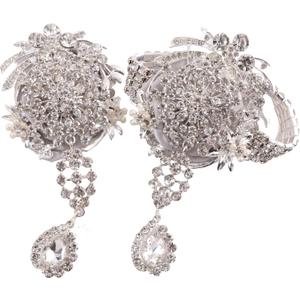 Corsage Wristlet Boutonniere 2 Pcs Silver Wrist Flower with Rhinestone Wristband and Corsage for Groom Perfect for Wedding Party Fullhand Made Heavey Weight(Large)