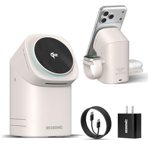 3 in 1 Wireless Charging Station for iPhone 17/16/15/14/13/12 Pro Max, Qi 2 Certified 15W Fast Charging Magnetic Charger Stand for Magsafe Phone, AirPods, Smart Watch (Desert Color)