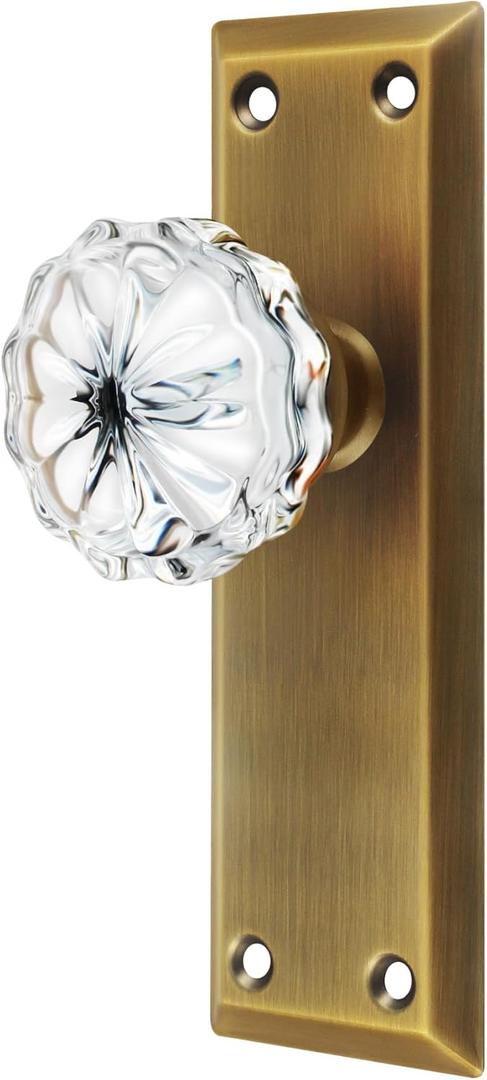 2 Pack Antique Brass Single Sided Crystal Dummy Door Knobs Interior, Vintage Glass Dummy Door Knobs with Long Plate