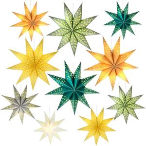 10 Pack 12 Inch 18 Inch Christmas 3D Paper Star 9 Pointed Hollow Light up Hanging Star Paper Lanterns Lampshade for Christmas Wedding Birthday Party Decor, 2 Sizes