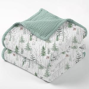 lulumoon Muslin Baby Blanket Neutral: Cotton Crib Blanket with Pine Tree - Soft Toddler Bedding for Registry Gift 47x47 Inches (Green Forest Stump)