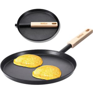 bodkar 8-inch Frying Pan Skillet Flat Crepe Pan, Lightweight Grill Pan with Wooden Handle for Camping Indoor Outdoor Cooking