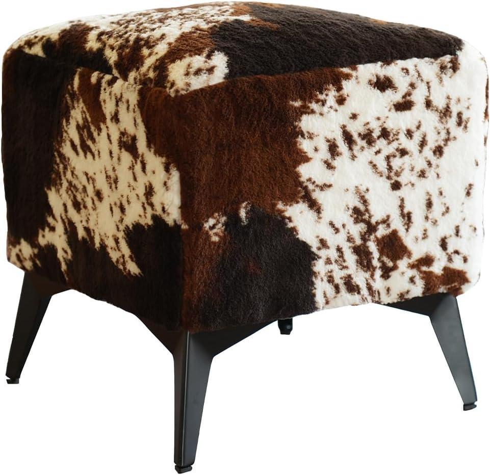 Tricolor Cow Print Ottoman, Faux Cowhide Footstool, Western Style, 16"D x 16"W x 17"H