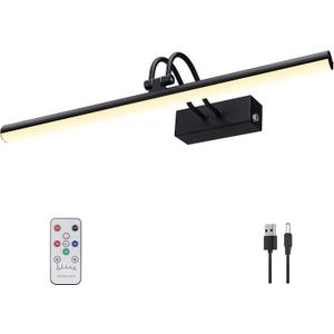 RAIFOOLLY Picture Light, Picture Lights for Wall Cordless, 20inch Picture Lights with Timer and Dimmable, Battery Wall Lights for Display Gallery Painting Art Frame Portrait - Black Metal