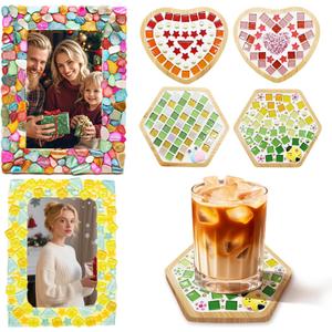 6 Sets DIY Glass Mosaic Tiles for Crafts Mixed Color Mosaic Kits with Wooden Coaster and Wooden Photo Frame for Adults Drinks Tray Handmade Home Decoration