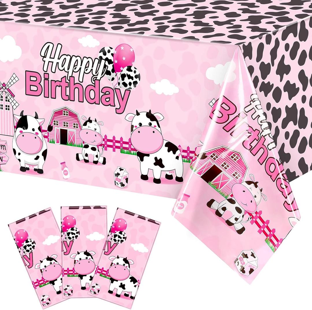 Tiamon 3 Pieces Cow Birthday Party Tablecloth Decorations 108 x 54 Inches Plastic Pink Cow Print Table Cover Farm Animal Table Cloths for Farmhouse Girls Happy Birthday Baby Shower Party Supplies