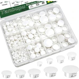 200Pcs 9 Sizes Nylon Plastic Hole Plugs 1/5" 1/4" 5/16" 3/8" 1/2" 5/8" 3/4" 7/8" 1"Round Hole, Flush Type Panel Knockout Locking Plugs,Screw Covers for Furniture Cabinet Insert End Caps(white)