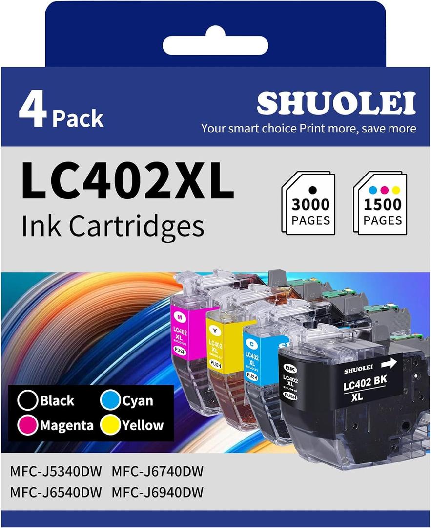LC402XL Ink Cartridge Compatible LC402 LC402XL High Yield Works with MFC-J5340DW MFC-J6740DW MFC-J6540DW MFC-J6940DW (4 Pack1 Black, 1 Cyan, 1 Magenta, 1 Yellow)