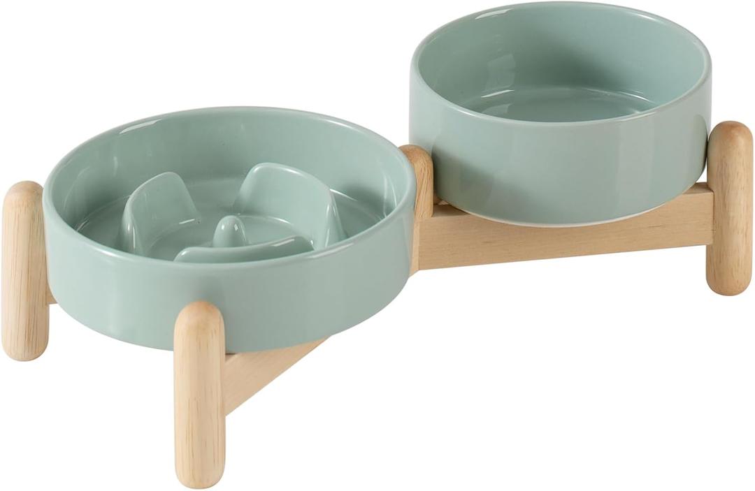 Ceramic Raised Slow Feeder Dog Bowl Set, Elevated 5.1inch Bowl and 6.1inch Puzzle Slow Pet Food Dish with Wooden Stand for Small Dog and Cat, Anti-Gulping (2X Light Green+ Stand) Ceramic Raised Slow Feeder Dog Bowl Set, Elevated 5.1inch Bowl and 6.1inch Puzzle Slow Pet Food Dish with Wooden Stand for Small Dog and Cat, Anti-Gulping (2X Light Green+ Stand)