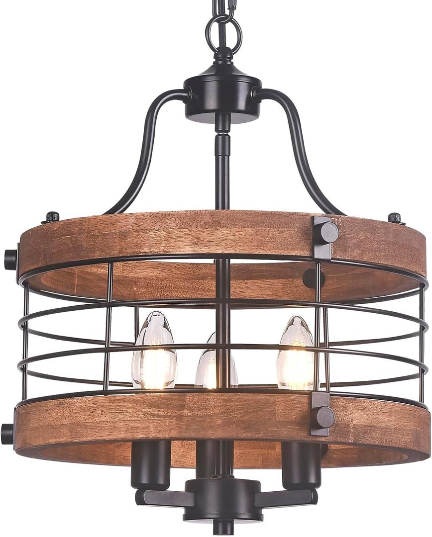Farmhouse Wood Chandelier Vintage Ceiling Light, Modern Metal & Wooden Circular 3 Lights, Rustic Drum Hanging Chandelier with Adjustable Chain Light Fixtures for Dining Room Entryway Foyer(Black)