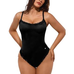 Popilush Lace Body Suits Women - Square Neck Sleeveless Thong Bodysuit Tummy Conotrol Double Lined Camisole Tank Tops (Large, Black)