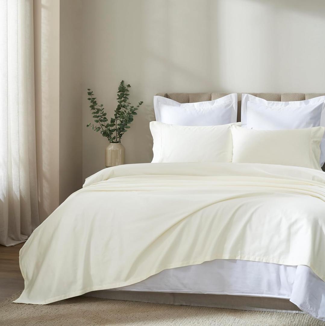 Superior Apus Cotton Sheet Set, Sateen Weave, Soft Bedding, Modern Luxury, Comfortable, Easy Care Home Decor Essentials, Solid Design, 20" Deep Pocket Sheet Set, Queen, Ivory