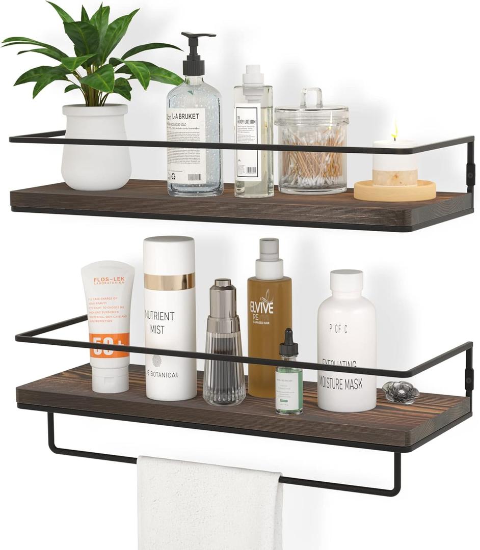 ZGO Floating Shelves for Wall Set of 2, Wall Mounted Storage Shelves with Metal Frame and Towel Rack for Bathroom, Kitchen, Bedroom (Brown)