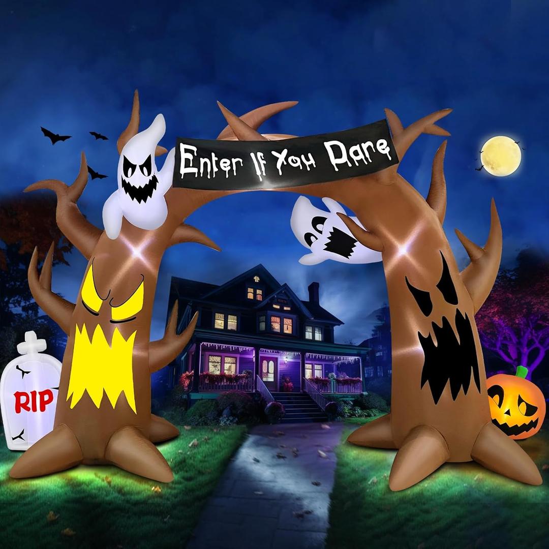 TURNMEON 15 FT Long & 10 FT Tall Giant Halloween Inflatables Outdoor Dead Tree Arch Decorations Pumpkin Tombstone Haunted Ghosts Holds Enter If You Dare Banner LED Lights Blow Up Yard Halloween Decor
