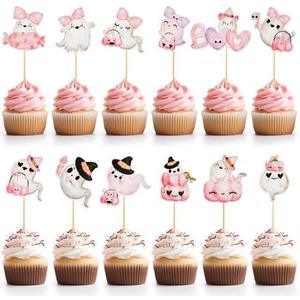 Kolldenn 36 Pcs Pink Halloween Ghost Cupcake Toppers Cute Ghost Cupcake Toppers for Pink Halloween Party Supplies Baby Shower Birthday Party Cake Decorations Supplies