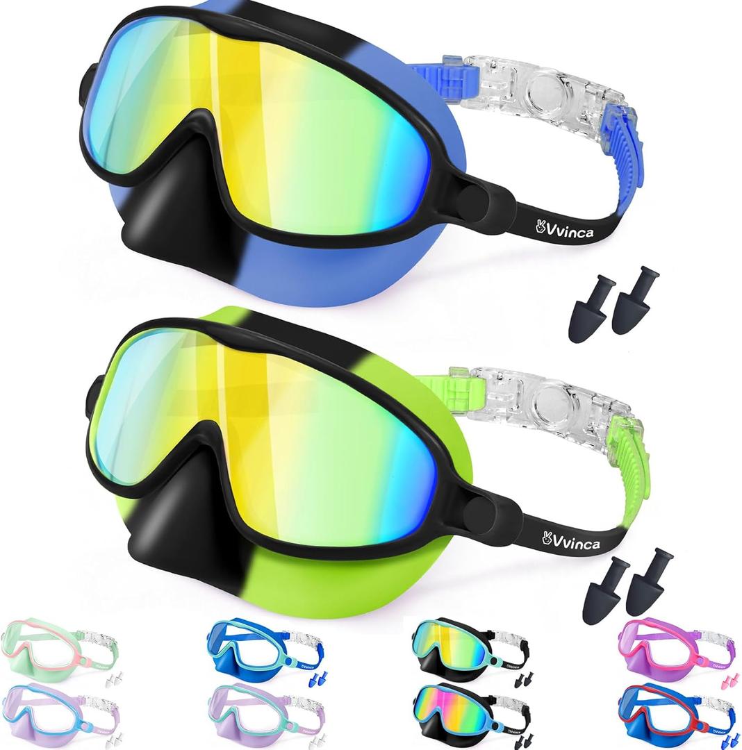 Vvinca Swim Goggles with Nose Cover, 2 Pack Wide View Diving Mask Anti-Fog UV No Leak Toddlers Swimming Goggles for Kids 3-15 (04-Black Blue& Black Green)