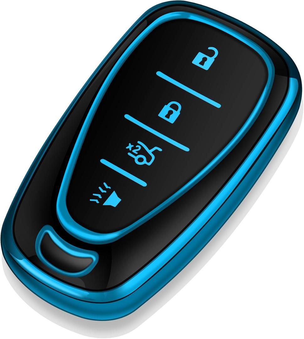 Tukellen for Chevrolet Key Fob Cover Special Soft TPU Key Case Key Shell Compatible with 2016-2024 Chevy Blazer Bolt EV Camaro Cruze Equinox Malibu Sonic Spark Traverse Key Shell (Blue, 4 Buttons)