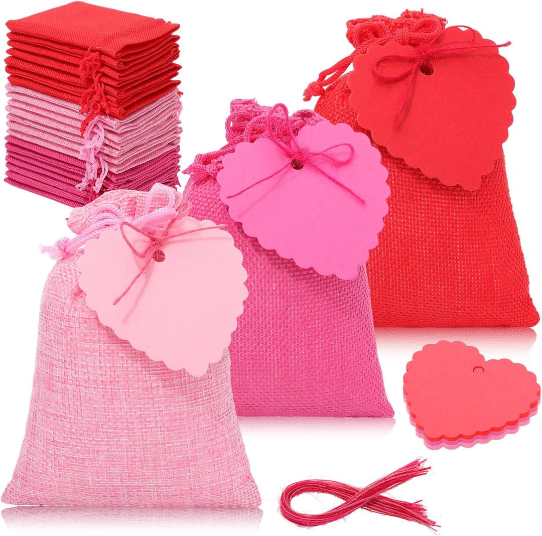 Wesnoy 24 Set Small Valentines Gift Bags with Drawstring Burlap Treat Bag Red Pink Hot Pink Goodie Bags with Heart Tags Jute Rope 4" x 5.5" Sack for Valentines Galentine's Day Wedding Party Favor