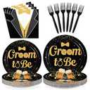 Greencian 96Pcs Groom to Be Party Supplies Groom Shower Bachelor Plates and Napkins Black Gold Theme Party Disposable Paper Tableware Set for Engagement Wedding Bridal Shower Party Supplies Serves 24