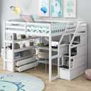 Brisca Full Size Loft Bed with Desk and Shelves,Multifunctionl Bedroom Bed Frame w/Two Built-in Drawers & Storage Staircase,Solid Wood Slats Support,for Kid Adult Boy Girl Teens,White