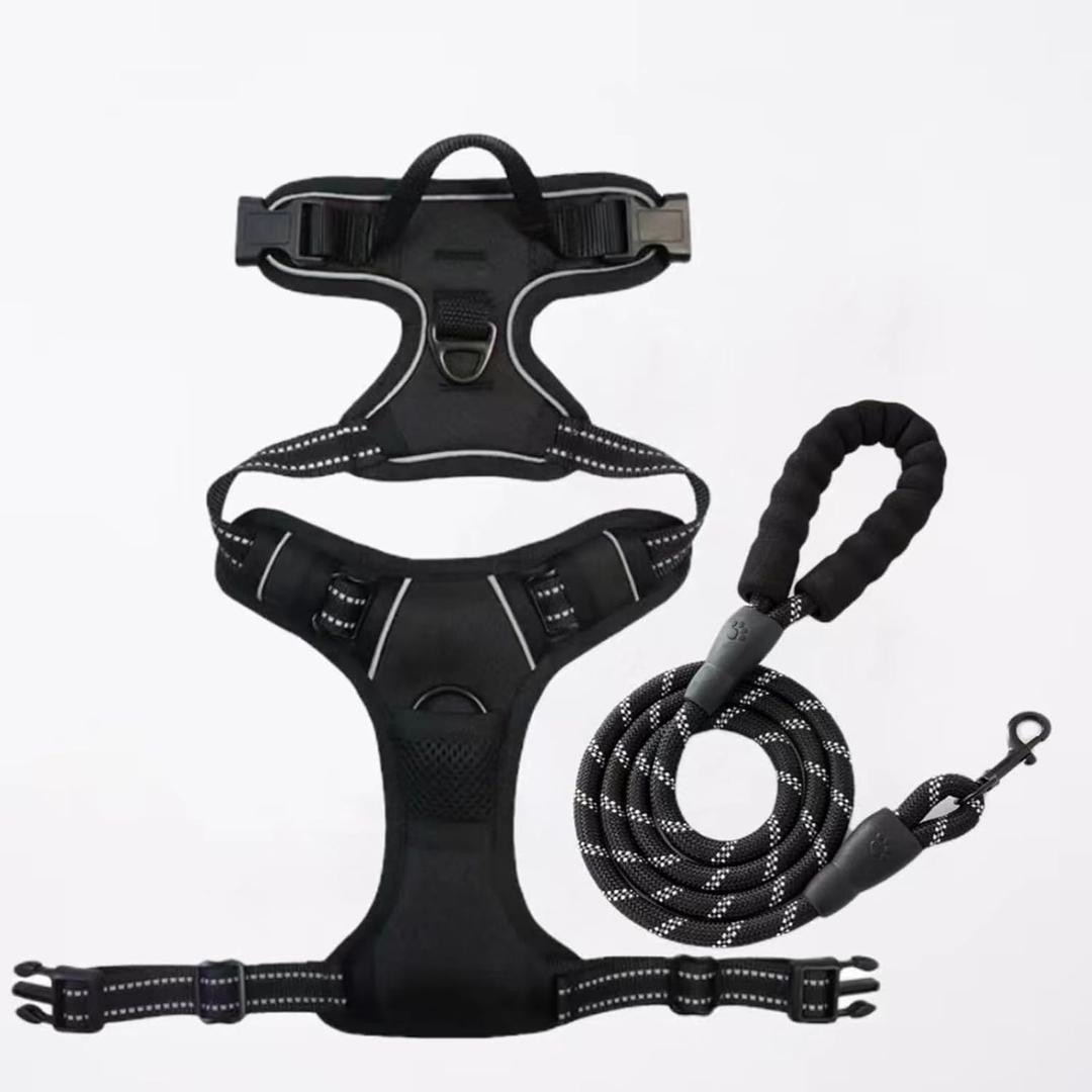Reflective Nylon Large Dog Chest Harness Vest Style Dog Leash(Black Chest and Back Set,XL Size)