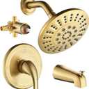 2 x Shower Tub Faucet Sets Complete with Diverter, 5 Spray Settings, 6-Inch Bathtub Waterfall Handle Combo, 2.5 GPM High-Pressure Rain Shower Head System, Brushed Gold