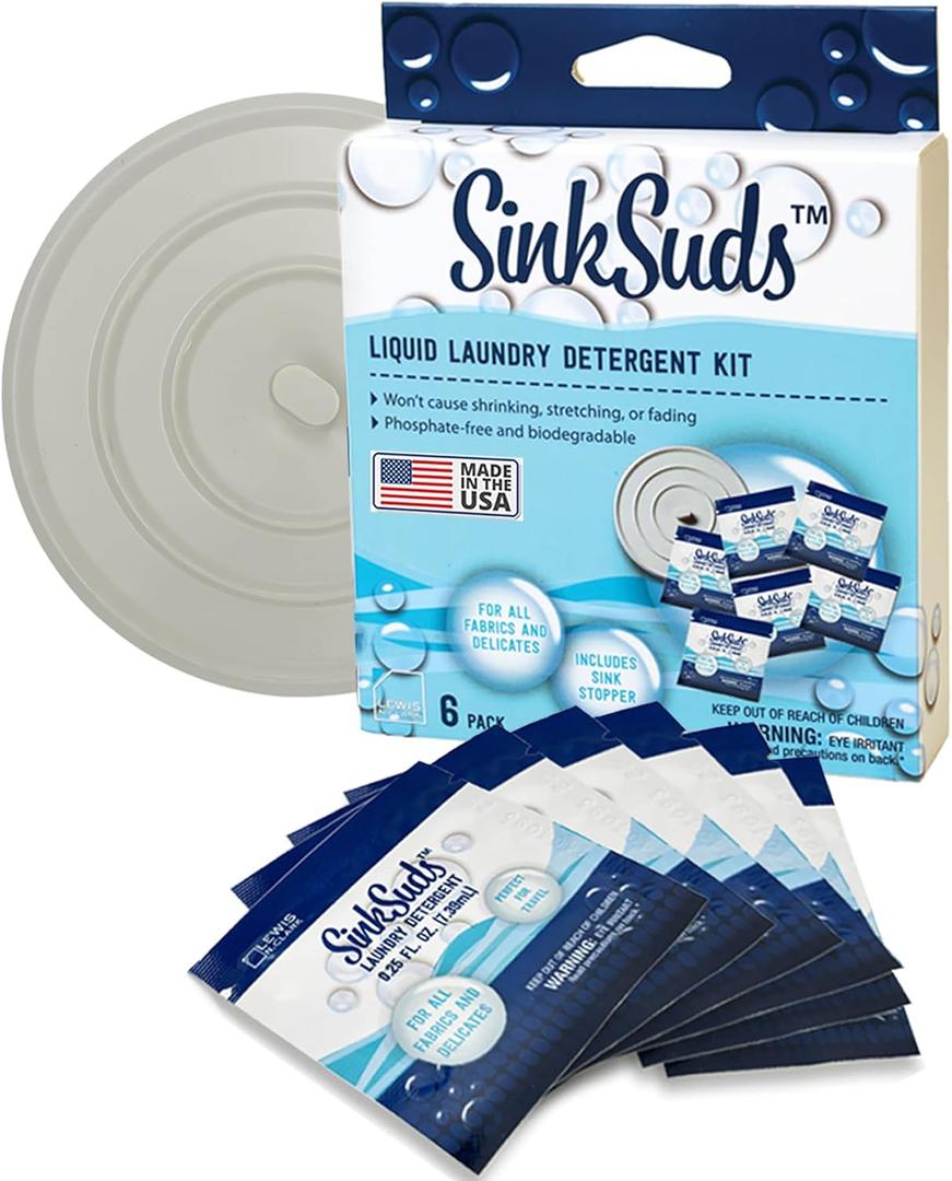 SinkSuds Laundry Detergent Travel Size Liquid Soap TSA Compliant Safe for All Fabrics 6 Packets & 1 Sink Stopper (0.25 Fl Oz (Pack of 6))