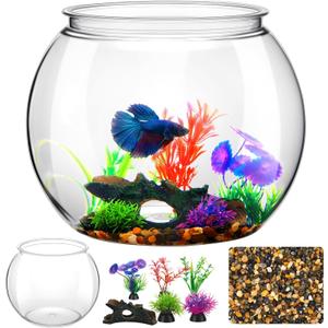 3 Gallon Plastic Betta Fish Bowl with 6 Pcs Artificial Plastic Plants and 500g Decorative Gravel, Betta Fish Tank and Decoration Accessories Small Large Bowl Ornaments Starter Kit