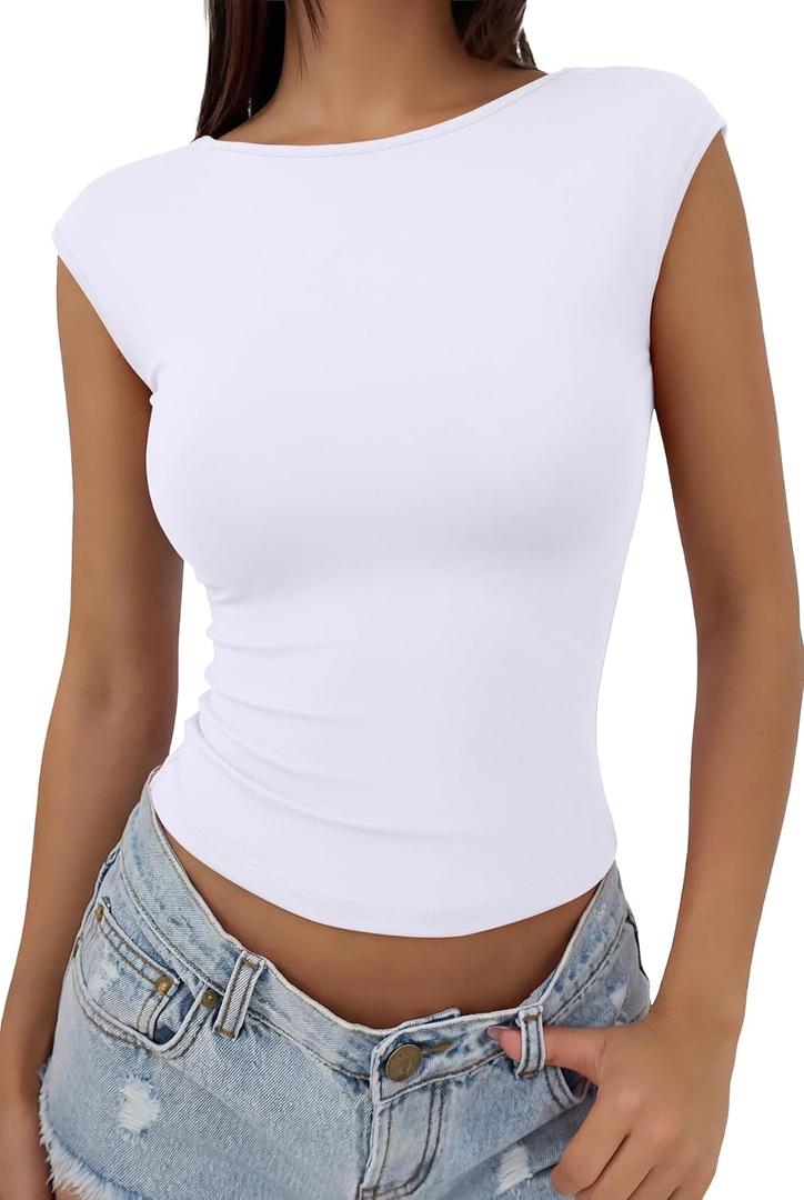 REORIA Butsmooth® Womens Sexy Backless Going Out Tops Double Lined Boat Neck Cap Sleeve Shirts Slim Fitted Y2k Basic Tee (White, Small)
