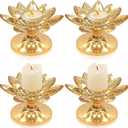4 PCS Gold Crystal Flower Tea Light Holder, Glass Tealight Candlestick with Metal Base, Votive Candle for Table Centerpiece, Wedding/Parties Decor, Nice Gift