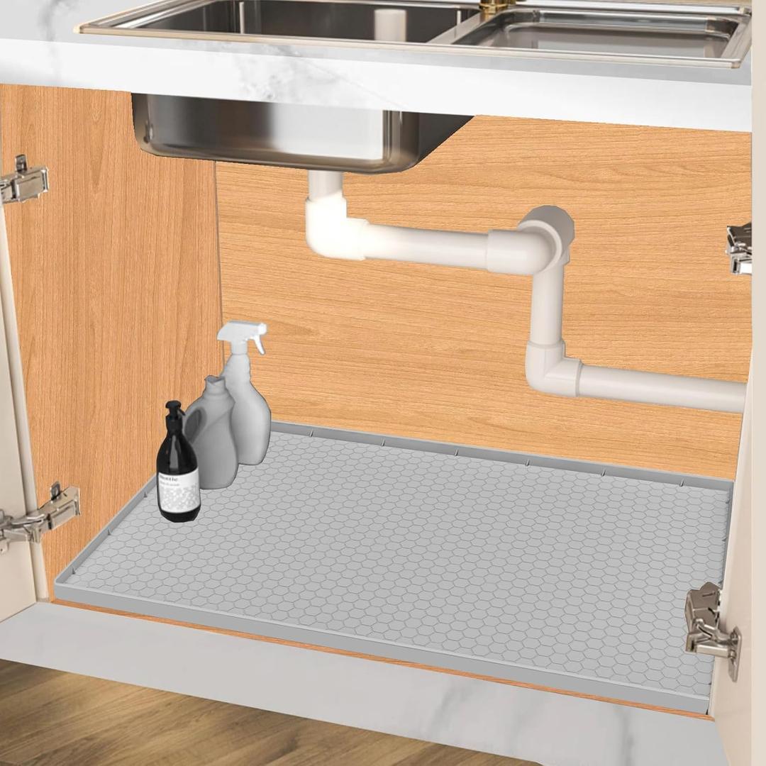 Under Sink Mat 22 x 19, Silicone Under Sink Protector Mat for Kitchen Waterproof, Easy to Clean Bathroom Cabinet Mat Organizers and Storage, Light Grey