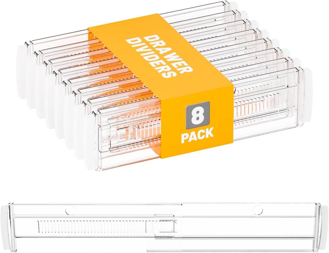 Yieach Pack of 8 3.2 Inch Shallow Acrylic Drawer Divider for Clothes -Expandable from 12.3-17''-Adjustable Dresser Drawer Divider for Baby Clothing, Underwear, Clear in Drawer Separators for Kitchen, Office