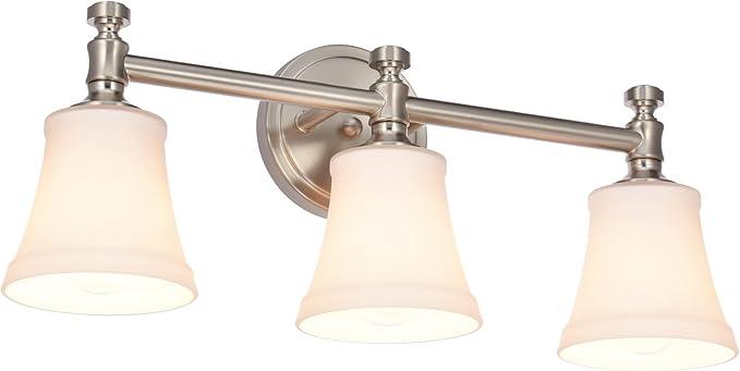 Bathroom Vanity Light Fixtures, Traditional Brushed Nickel 3 Lights Wall Sconce Lighting with Opal Glass Shade, Porch Wall Mount Light Fixture for Bathroom, Mirror Cabinets Hallway Stairs