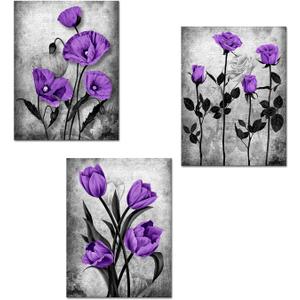DuoBaorom Rose Poppy Picture Purple Grey Floral Canvas Print Bedroom Decor