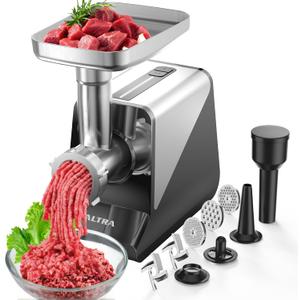 #8 Meat Grinder, [3200W Max] Electric Heavy Duty Sausage Stuff with 2 Stainless Steel Blades and 3 Grinding Plates, Sausage Tube & Kibbe Kit, for Commercial & Home Use (Silver)