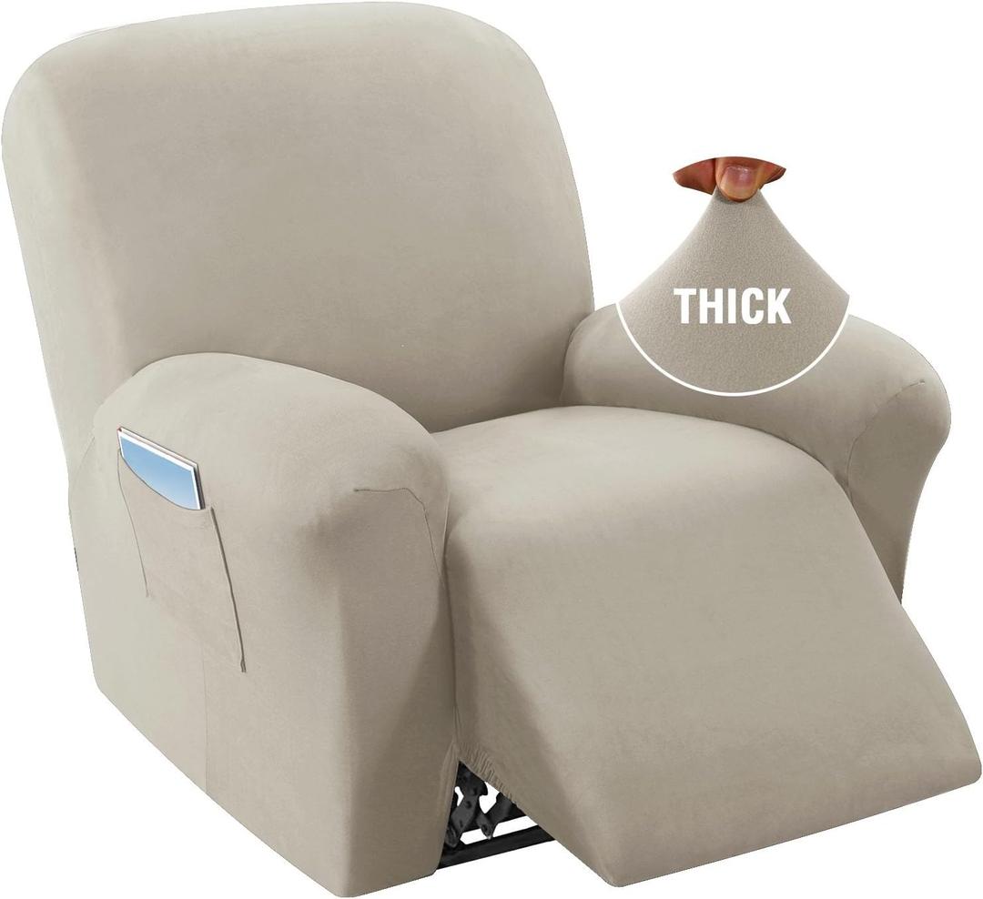 H.VERSAILTEX Fleece Recliner Chair Covers 1-Piece Upgraded Stretch Soft Reclining Couch Covers for 1 Cushion Reclining Sofa Slipcovers Anti Slip Furniture Covers Form Fit Customized, Oatmeal