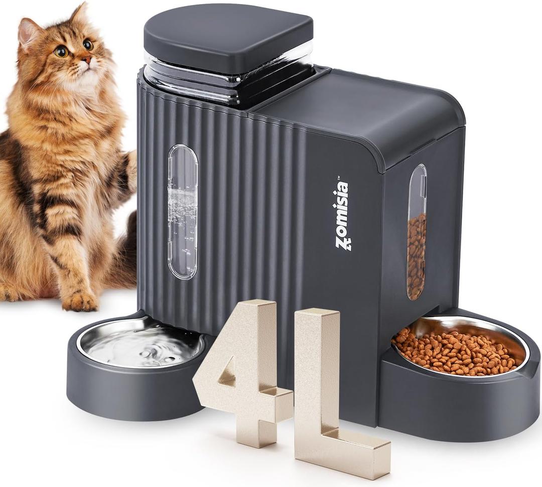 ZOMISIA Gravity Cat Food and Water Dispenser Set with 304 Stainless Steel Bowls, 2 in 1 Automatic Cat Feeder with 180 Degree Rotatable Water Bowl, Large Capacity for Puppy Kitten Rabbits, Grey