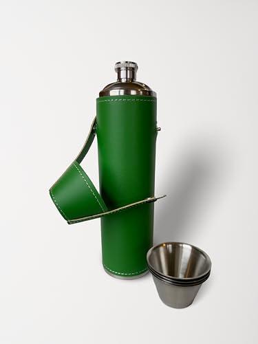Birdie Bottle 12oz Green Flask with 4 Shot Glasses for Sharing – Stainless Steel with Waterproof Leather Case, Leakproof, Great Gift Idea, Reusable