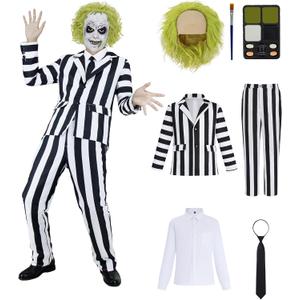 Black and White Striped Suit Men Scary Halloween Costumes Adult Horror Comedy Movie Character Cosplay Outfit Shirt Tie (X-Large)