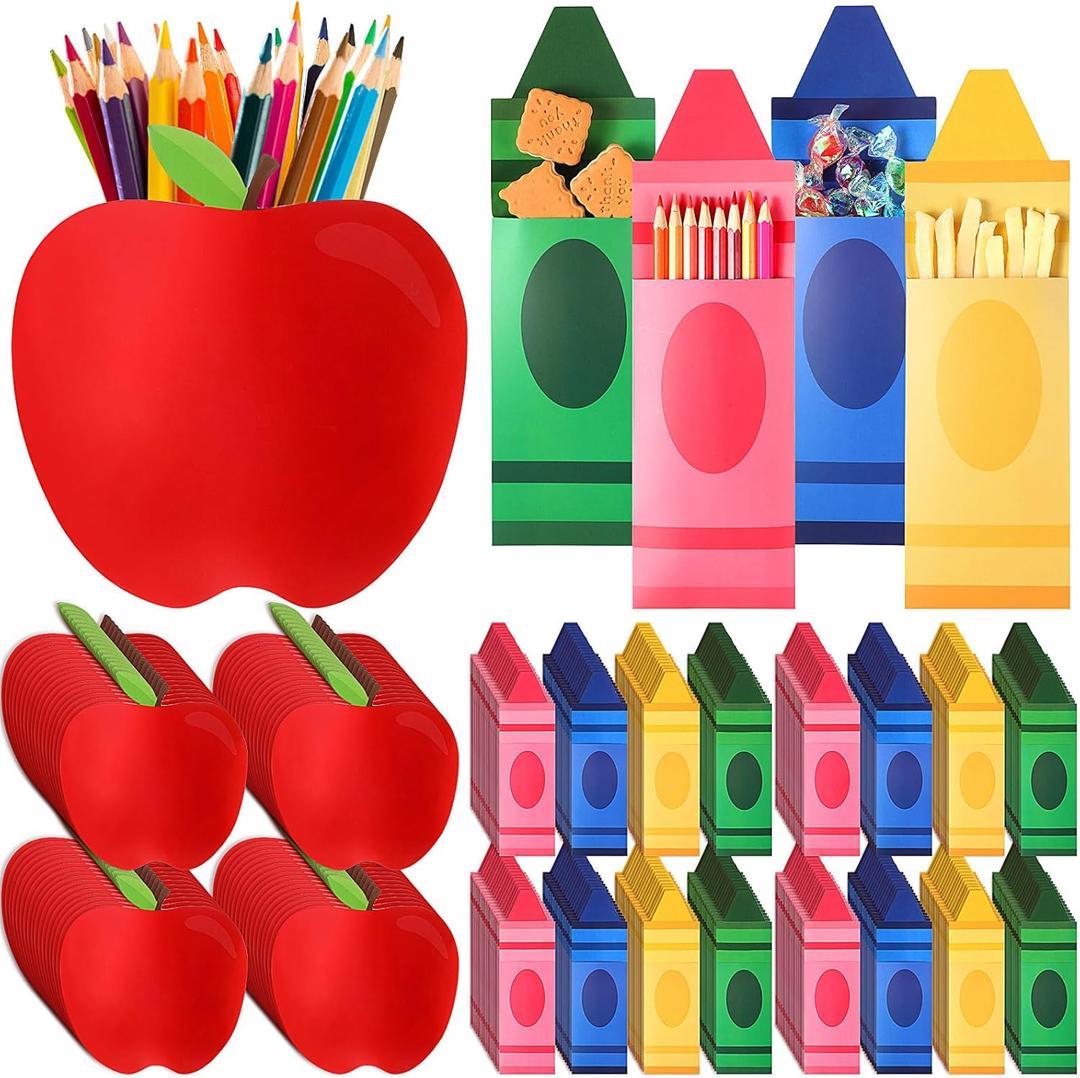 Sinload 100 Pcs Back to School Bags Gifts Bulk Crayon Apple Shaped Candy Birthday Snack Bags Teacher First Day of School for Kids Apple Shaped Case for Classroom Gift Candy Case for Party Favors