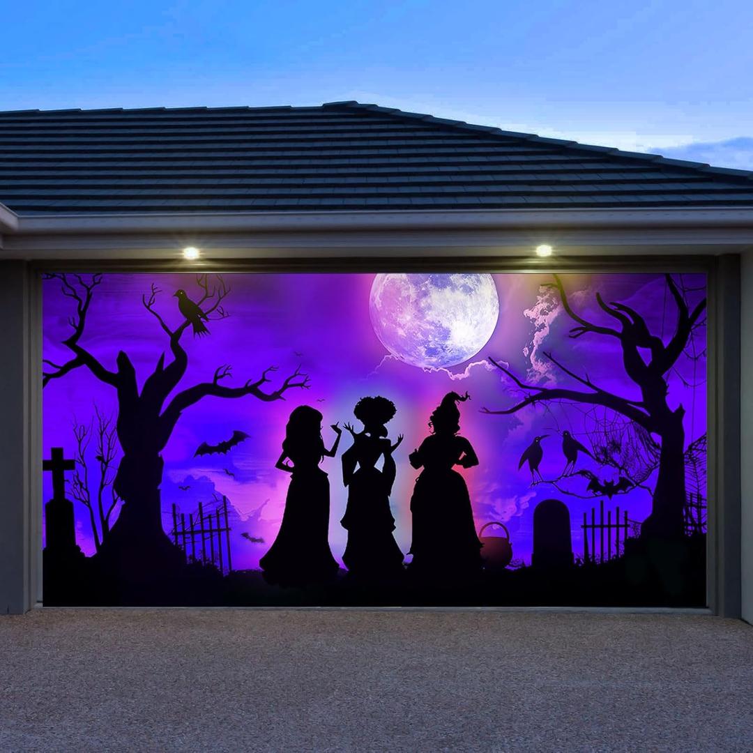 7x8ft Halloween Garage Door Cover, Witch Garage Door Cover Hanging Witch Backdrop Banner Halloween Wall Decorations for Outdoor Indoor Single Garage Door Skins