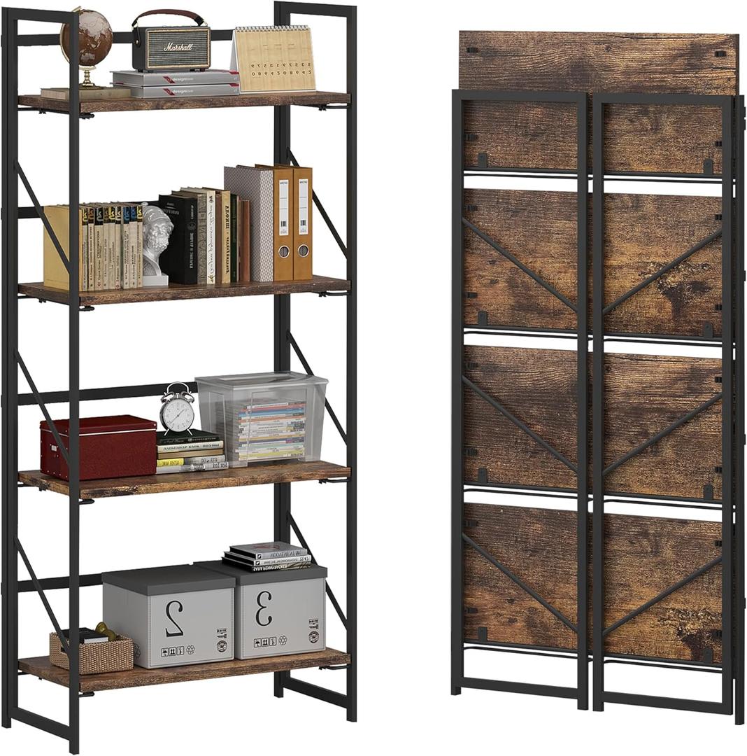 JSB No Assembly Folding Bookshelf, 4 Tier Industrial Metal Book Shelf for Storage, Vintage Wood Foldable Bookcase for Living Room, Bedroom, Office Organization Shelves (Fire Brown)