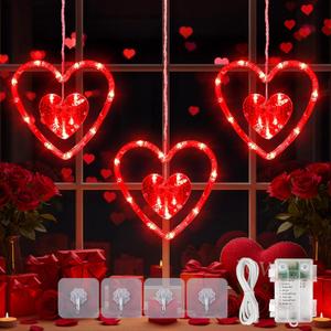 Hopolon Valentines Day Window Lights,45LED 3 Red Heart Lights Valentines Day Decorations Lights,Hanging USB/Battery Operated Valentine Light,8Modes&Timer for Indoor Outdoor Party Home Wall Door Decor