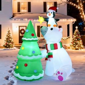 Joiedomi 6 ft Christmas Polar Bear Inflatable Decoration, Polar Bear with Penguin & Xmas Tree Inflatable Décor with Build-in LEDs Blow Up for Christmas Party Outdoor, Yard, Garden, Winter Decoration