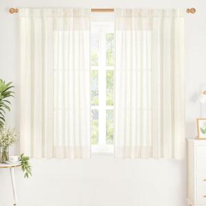 YoungsTex Ivory Linen Curtains 45 Inch Length, Short Light Filtering Drapes Semi Sheer with Rod Pocket Back Tab for Living Room Windows, 2 Panels, 42 X 45 Inch