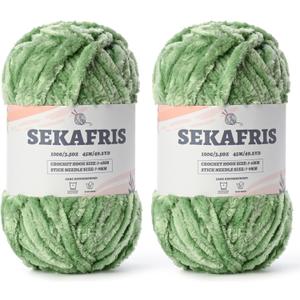Fuzzy Chunky Chenille Yarn for CrochetingSoft Plush Yarn for Hand KnittingBulky 2x100g 2x49.2yd Baby Blanket Yarn for Crocheting Amigurumi YarnsCrochet Fluffy Velvet Yarn (2 Avocado Green)