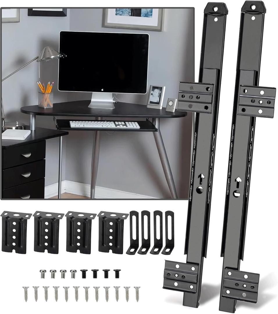 14" Keyboard Slide Heavy Duty Ball Bearing Slides Computer Tray Under Desk Rails Rack Cabinet Furniture Drawer Hardware Accessories with Adjustable Height Bracket & L Extension Support Bracket (Black)