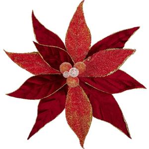 Hollyone 2PCS Poinsettia Christmas Flowers Artificial 11" Large Velvet Red Glitter Poinsettia Flowers Christmas Tree Ornaments Floral Picks for Tree Wreath Garland Vase Table Centerpiece Home Decor