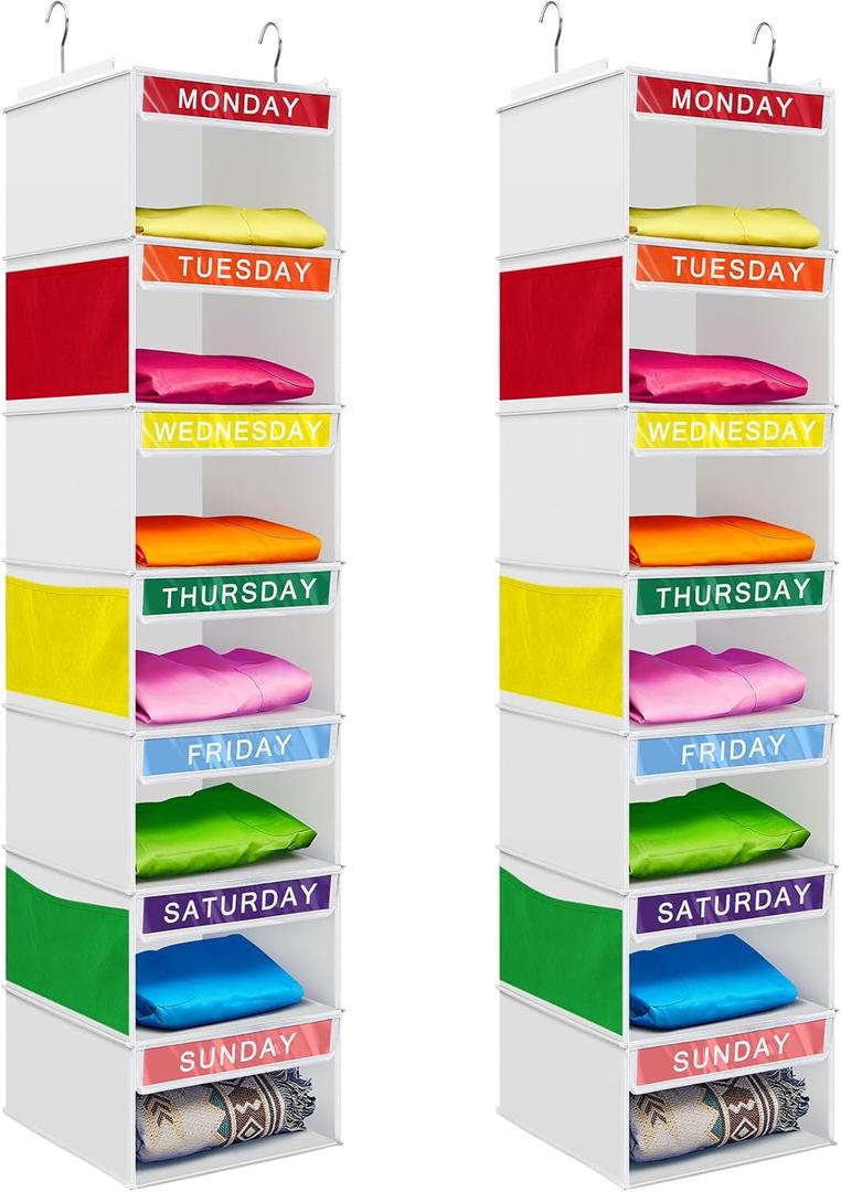 Amylove 2 Pcs 7 Shelf Weekly Clothes Organizer for Kids Hanging Closet Organizer 11. 8 x 11. 8 x 50 Inches Daily Activity Kids Clothes Storage Drawers Cube Drawers Closet Hanging Shelves(White)